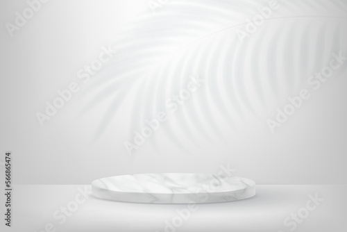 3d product display podium platform. 3d realistic white marble cylinder pedestal on white background. The stage for the showcase. Minimal wall scene for mockup product display. 3d vector illustration.