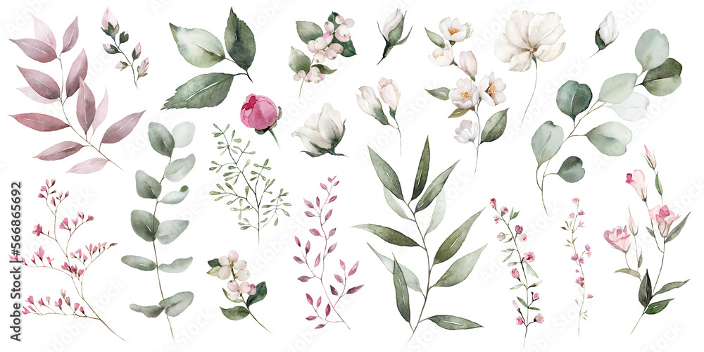 Watercolor floral illustration bouquet set - green leaves, pink peach blush white flowers branches. Wedding invitations, greetings, wallpapers, fashion, prints. Eucalyptus, olive, peony, rose. - obrazy, fototapety, plakaty 