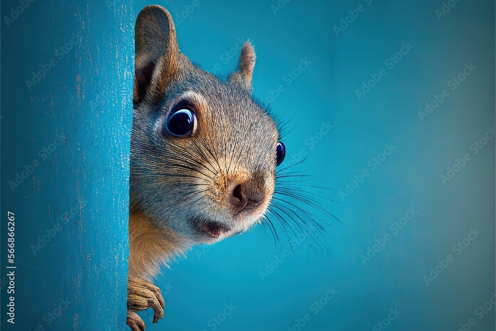 Surprised squirrel, sciurus, cautiously peeks around a corner, against a blue background, created with Generative AI technology. Copy space.  - obrazy, fototapety, plakaty 