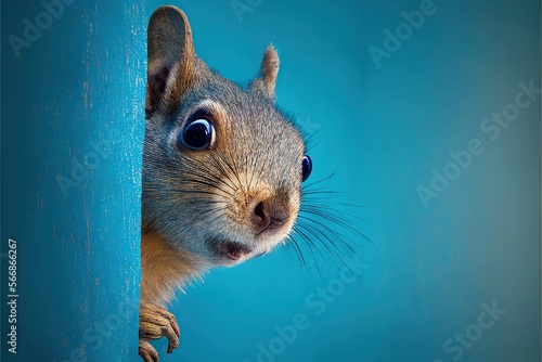 Surprised squirrel, sciurus, cautiously peeks around a corner, against a blue background, created with Generative AI technology. Copy space.  photo