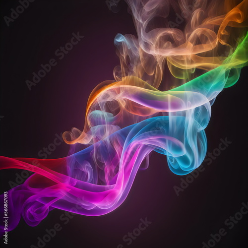 rainbow swirling smoke graphic background texture element on black background, generative ai 