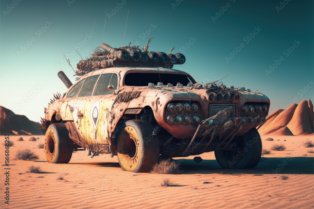 Landscape with deteriorated and rusty custom car in the desert, mad max style. Generative AI