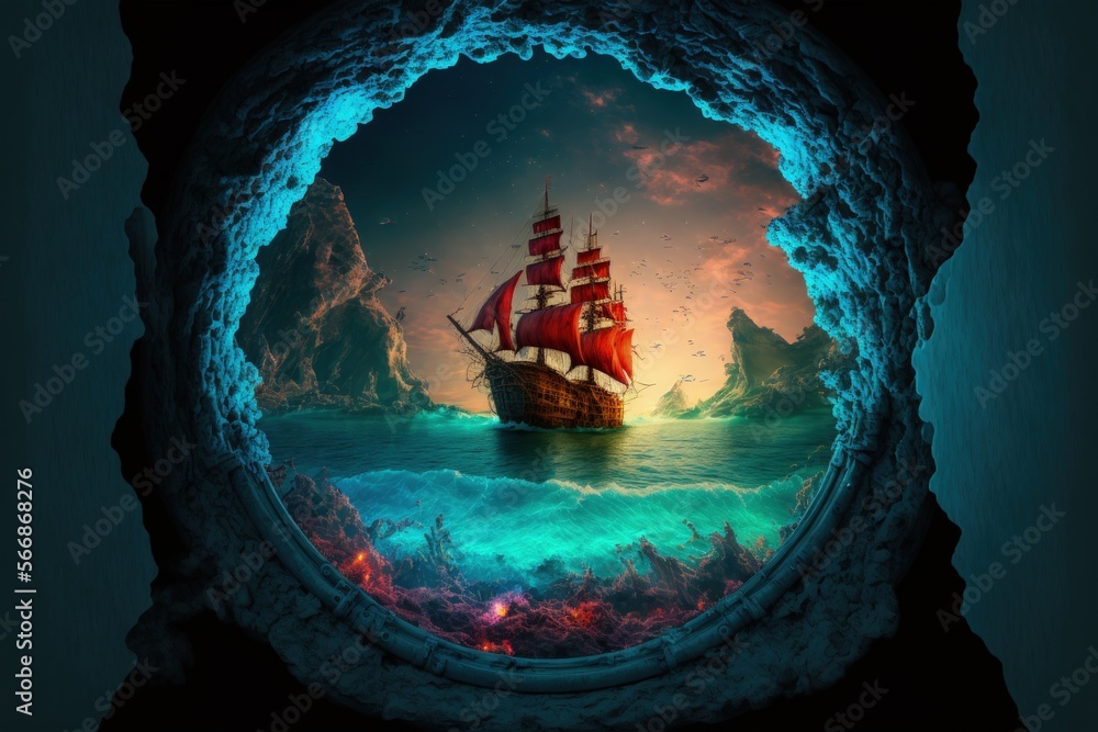 Naklejka premium Landscape with portal in the sea with pirate ship and island in the background. Generative AI