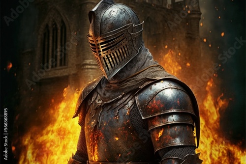 Fotografia Medieval knight in armor, guarding the castle, burning castle in the background
