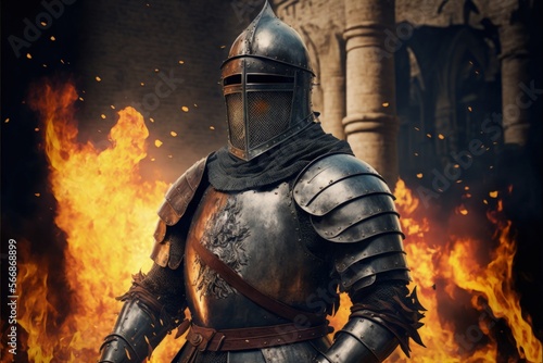 Medieval knight in armor, guarding the castle, burning castle in the background. Generative AI