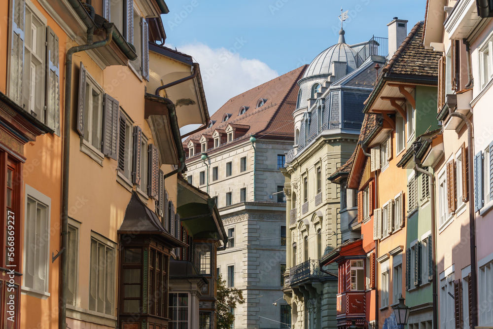 A variery of building designs and colors along Augustinergasse in Zurich