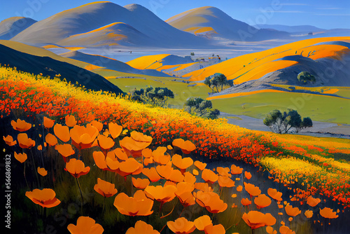 Beautiful landscape painting of orange wildflowers, wallpaper background. 