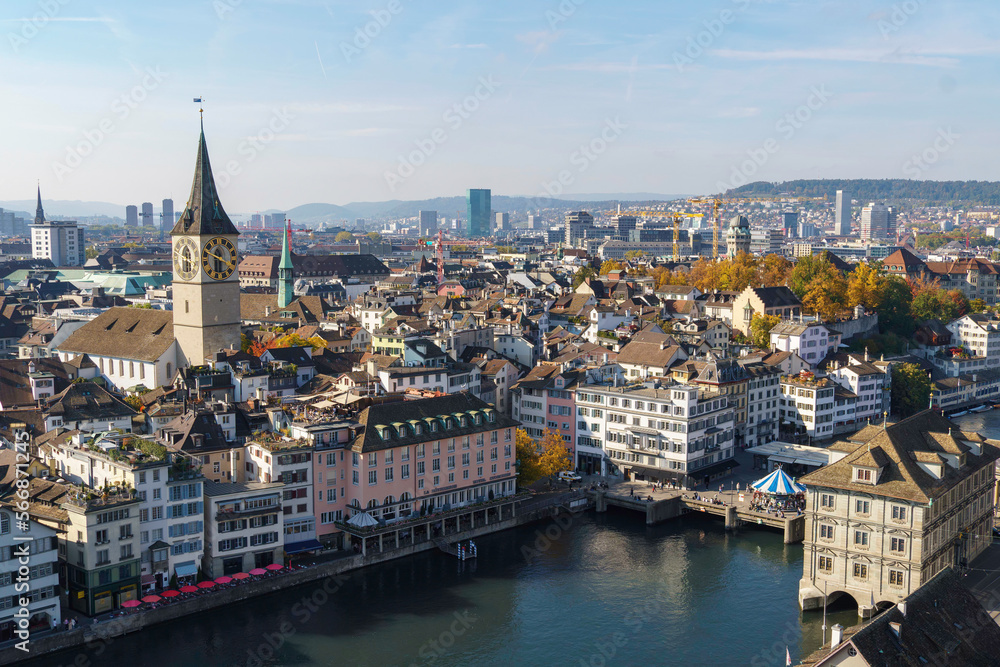 Aerial view of the Zurich cityscape. With buildings, bridge, and steeple