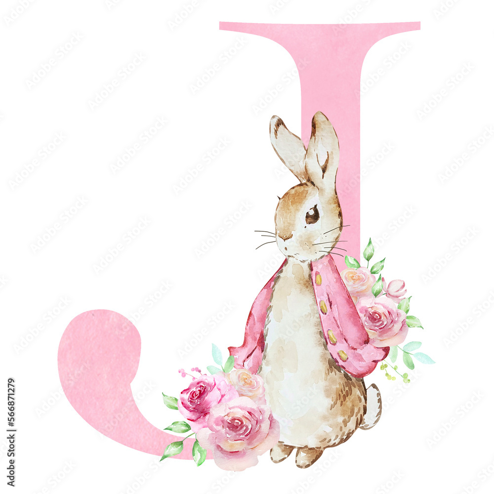 Obraz premium Watercolor letter J with pink Flopsy Rabbit