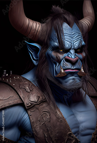 A blue Orc with horns as a bartender or customer. 