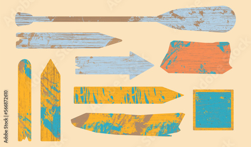 A set of vector rustic vibrantly painted beach signs and oar. Great for Summer, beach recreation and outdoor themes. 