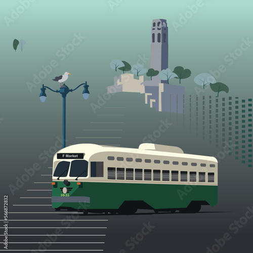 Cable Car and Coit Tower at San Francisco California. Orange sunset , isolated vector & layer illustration for poster, wall art, sticker and any souvenir.