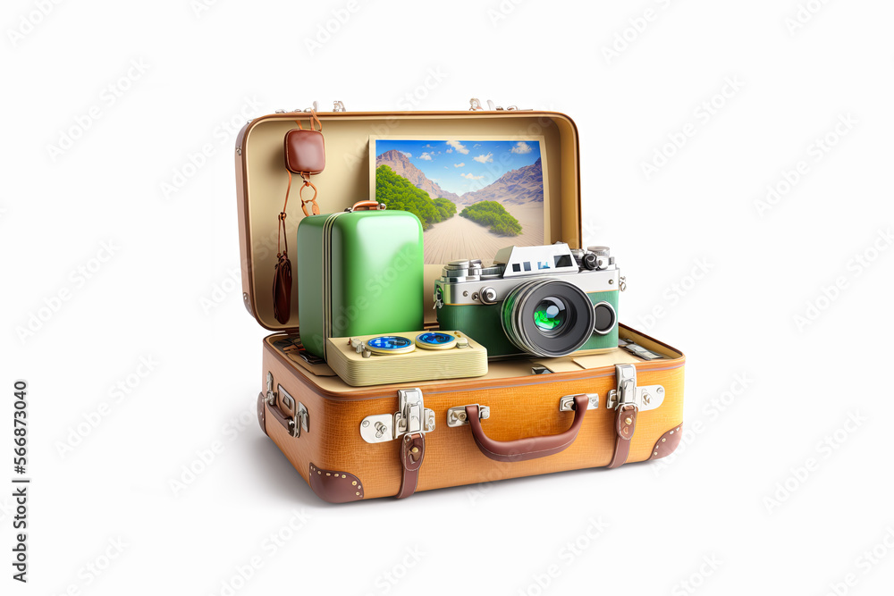 Suitcase with traveling items of vintage beige suitcase display with composed tourist locations and world globe and maps. Generative AI illustration.