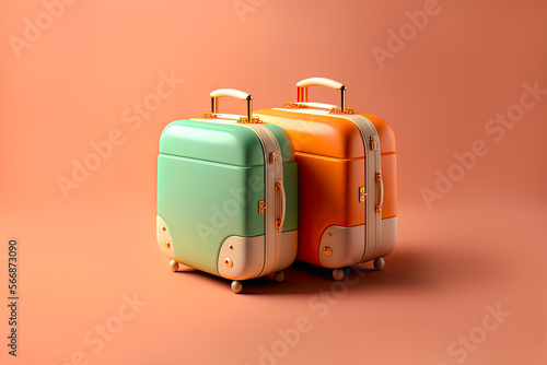 Colorful retro style suitcases, pastel colored suitcases in retro design on pink background. Generative AI illustration.