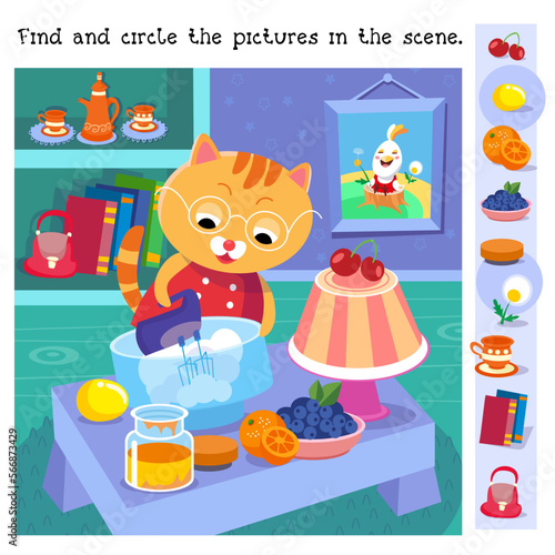 Find and circle objects. Educational puzzle game for children. Cute kitten making cake. Cartoon cat character in kitchen. Vector illustustratuon.