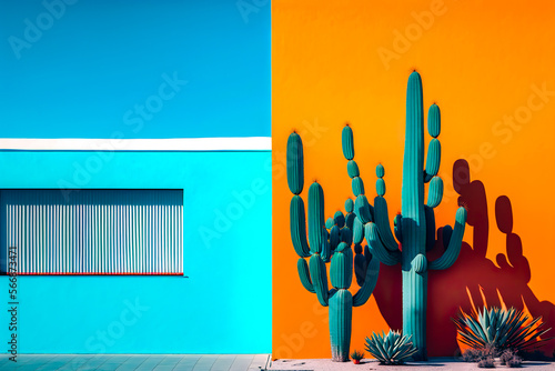 Retro and classic building with colorful walls of residential building near potted cactus and window on sunny day. Generative AI illustration. photo