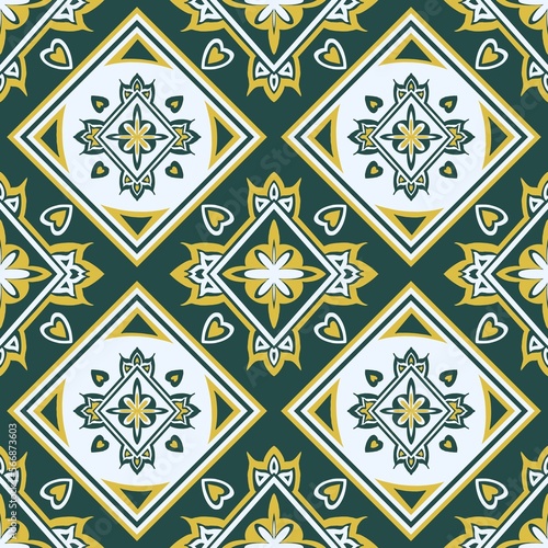 Ethnic tribal contemporary white-green pattern. Illustration sino-portuguese seamless pattern background. Peranakan geometric pattern use for fabric, home decoration elements, upholstery, wrapping