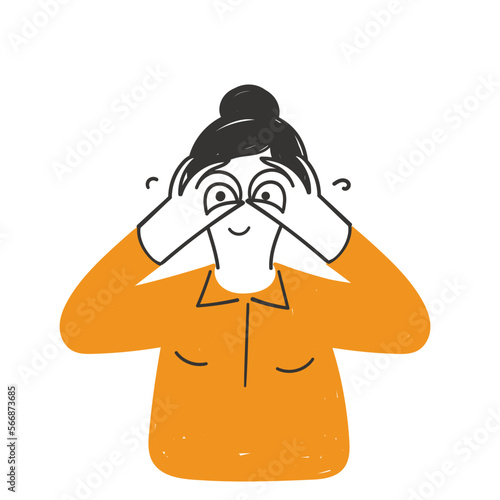hand drawn doodle person with binoculars gesture on eyes illustration vector
