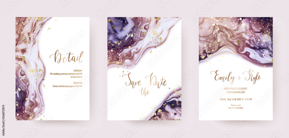 Galaxy space wedding invitation templates with gold border confetti and alcohol ink texture.