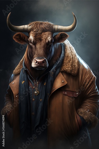 Fényképezés Anthropomorphic stylish bull wearing a human leather coat fashion design