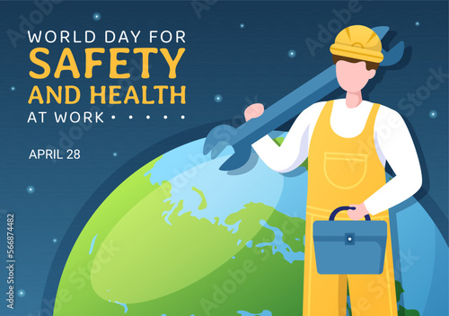 World Day Of Safety and Health at Work on April 28 Illustration with Mechanic Tool in Flat Cartoon Hand Drawn for Web Banner or Landing Page Template