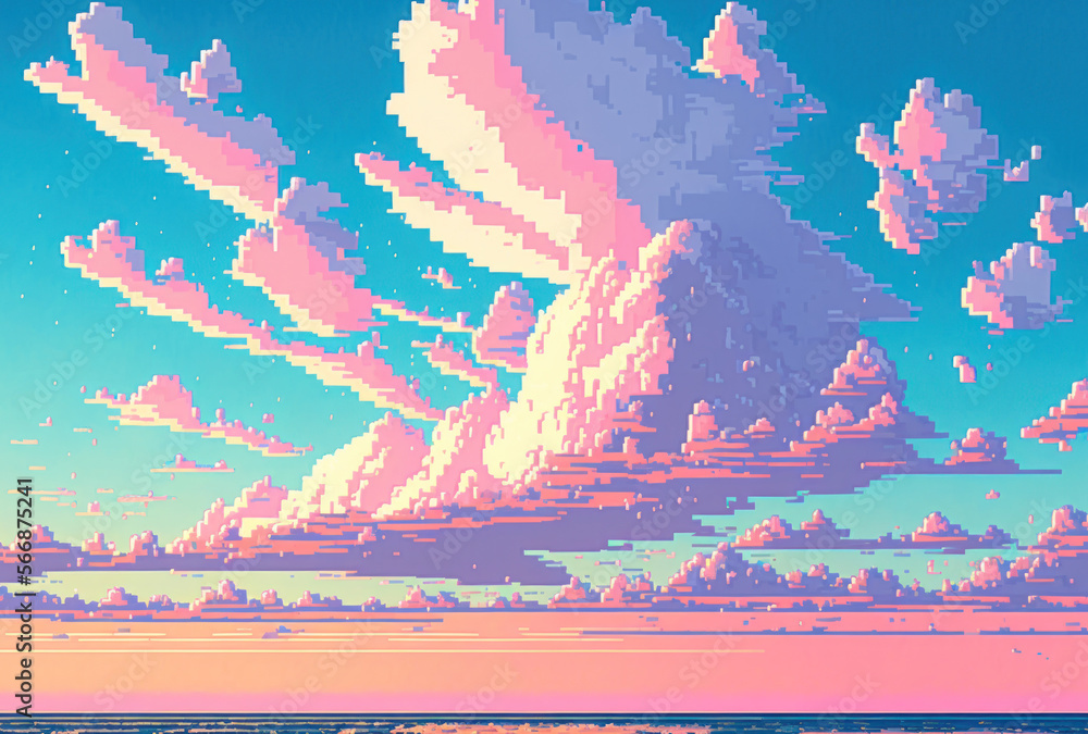 Pastel sweet blue pink sky pixel art style. background with copy space