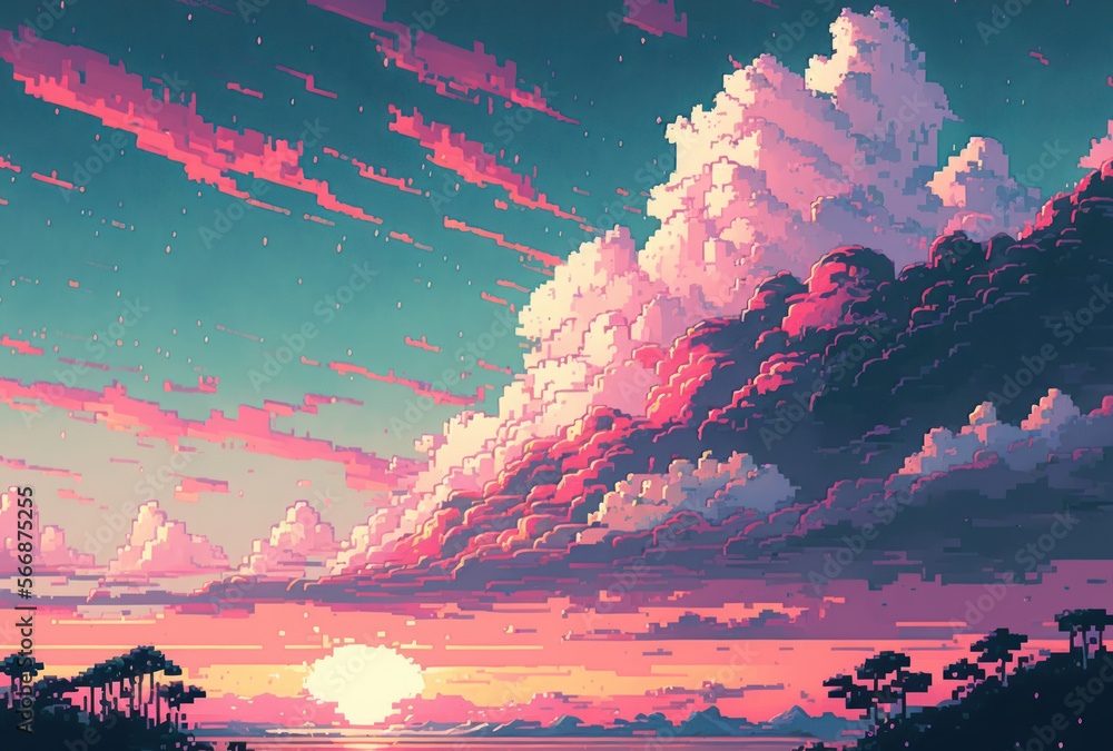Pastel sweet blue pink sky pixel art style. background with copy space ...