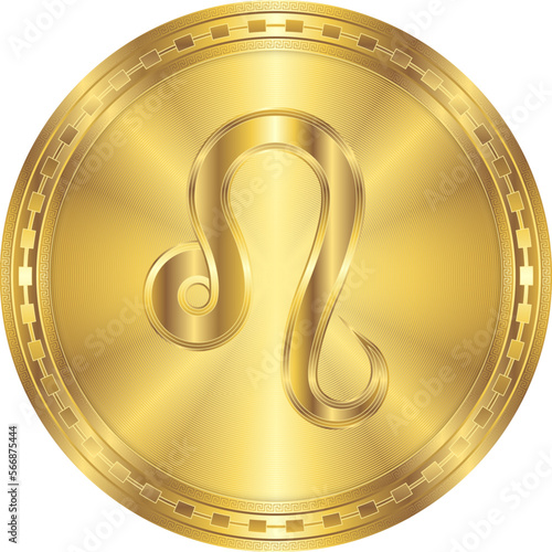 Leo Zodiac Symbol Glowing Metal Round Gold Coin Digital Currency Icon Isolated on White Background Vector Illustration for Horoscope, Astrology