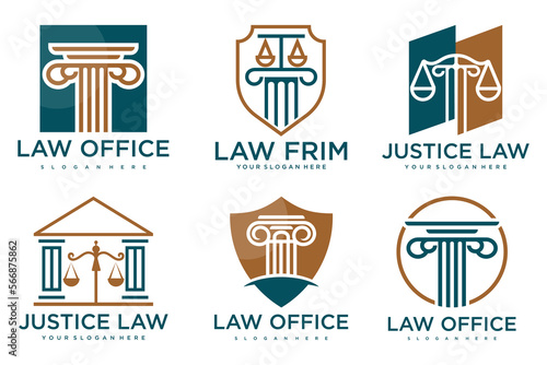 Law office logos set with scales of justice, gavel etc illustrations.