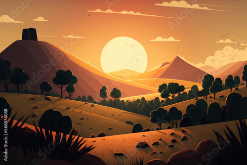 A meadow is visible in the background as the sun sets over a hilly landscape. Generative AI