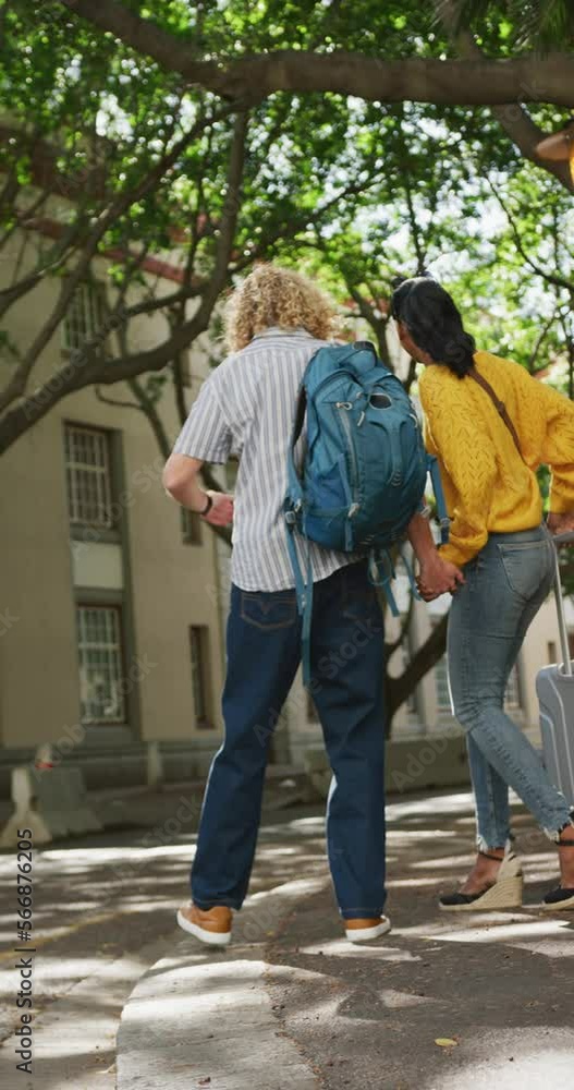 Vertical video of happy diverse couple hailing taxi with luggage in city Vertical video of happy diverse couple hailing taxi with luggage in city