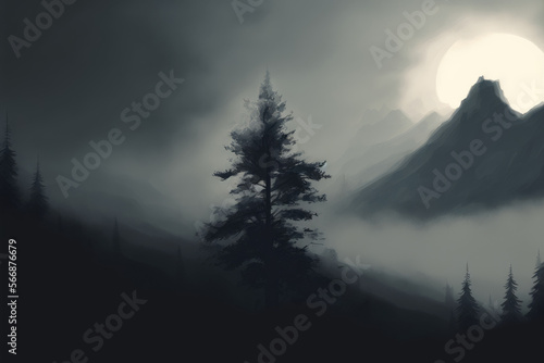 Misty mountain landscape wallpaper background. Generative AI.
