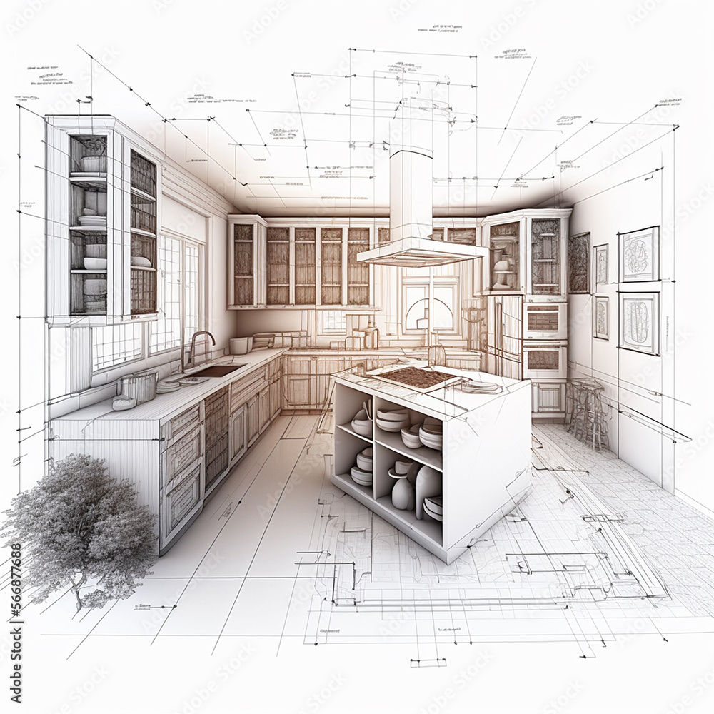 Kitchen Digital Drawing Detailed drawings of plans for a kitchen, generative ai Stock ...