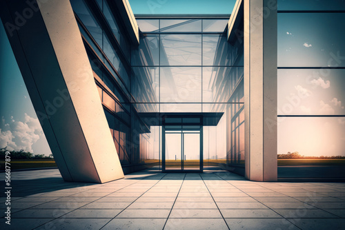 A perspective shot of a modern, steel and glass building exterior and an empty cement floor. morning setting lifelike in a photograph. Generative AI
