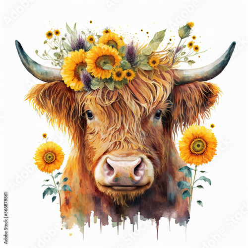 Highland Cow Face with Many Various Sunflowers -Generative AI photo