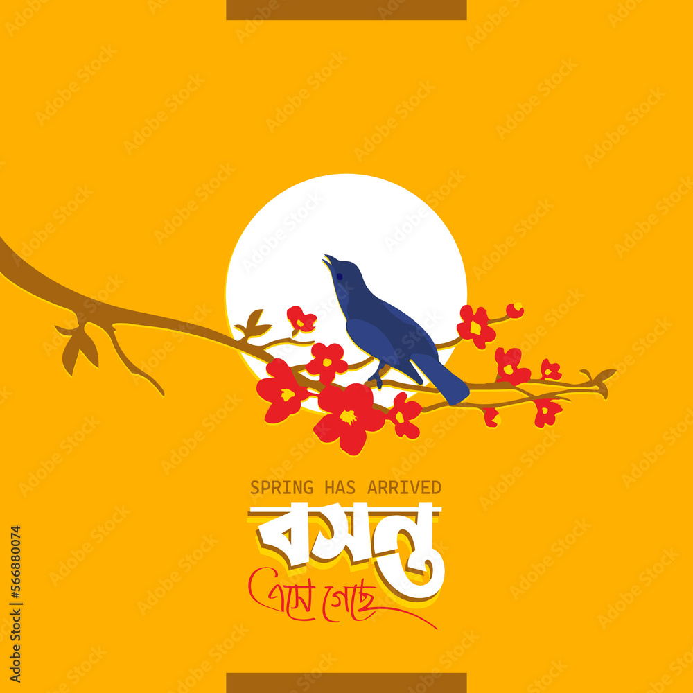 Spring Bengali typography with the cuckoo bird. Spring has arrived