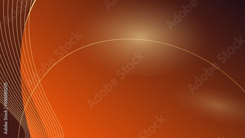 Orange background with ribbon gold lines curved wavy with light effect. Luxury style template design.