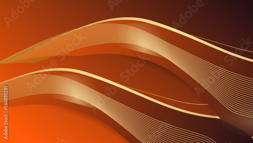 Orange background with ribbon gold lines curved wavy with light effect. Luxury style template design.