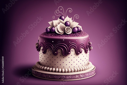 Wedding cake white with solid purple background. Generative AI.