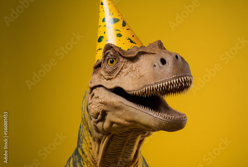 Yellow T-rex wearing birthday hat smiling on camera. Portrait illustration Generative AI