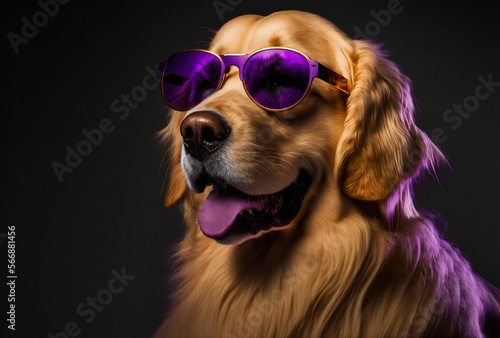 Golden Brown golden retriever dog wearing funny sun glasses possing in photo studio. Portrait illustration Generative AI