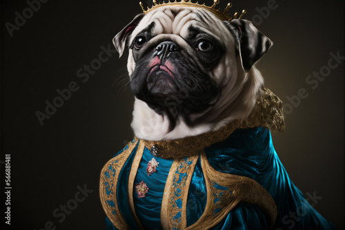 White Funny Pug Wearing Crown and Royal Vintage Dress. Portrait illustration Generative AI
