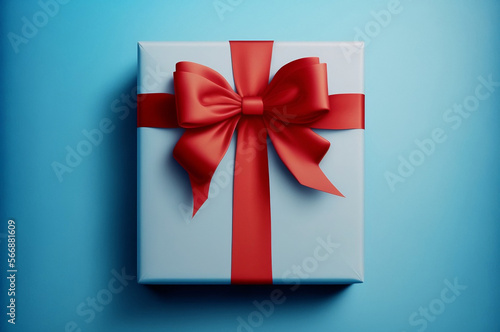 White gift box red bow blue background isolated package. Generative AI. © Lars