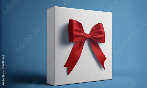 White gift box with red bow isolated from blue background. Generative AI.