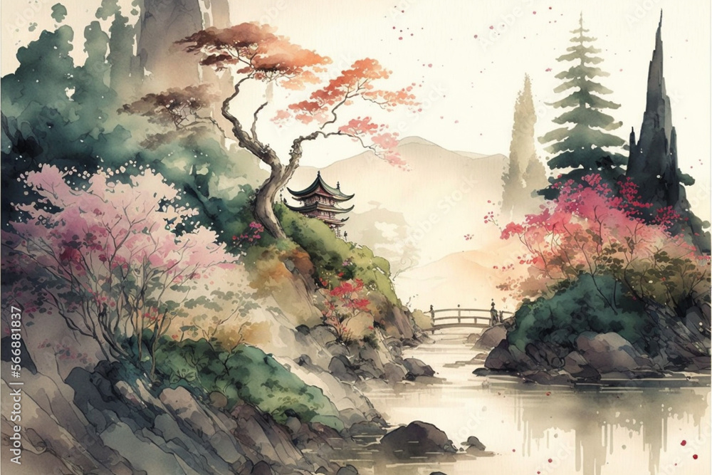Obraz premium Chinese ink landscape painting created digitally Generative AI