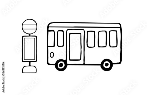 バスとバス停のシンプルかわいい塗り絵イラスト