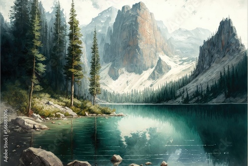 A majestic mountain range with a river running through the foreground and a forest of tall trees in the distance