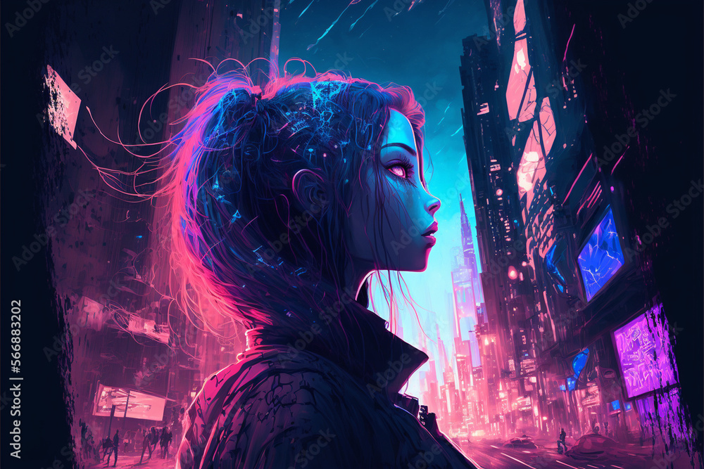 Fototapeta premium Cyberpunk person futuristic neon glowing city background
