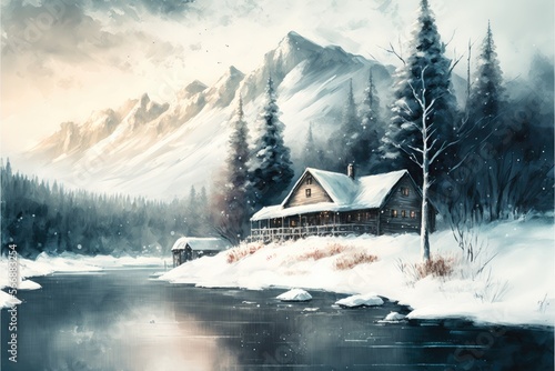 Snowy Mountains, River And Cabin As A Watercolor Painting © Kyle