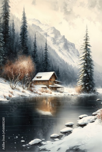 A snow-covered mountain, frozen river, and a cabin in the distance surrounded by tall trees